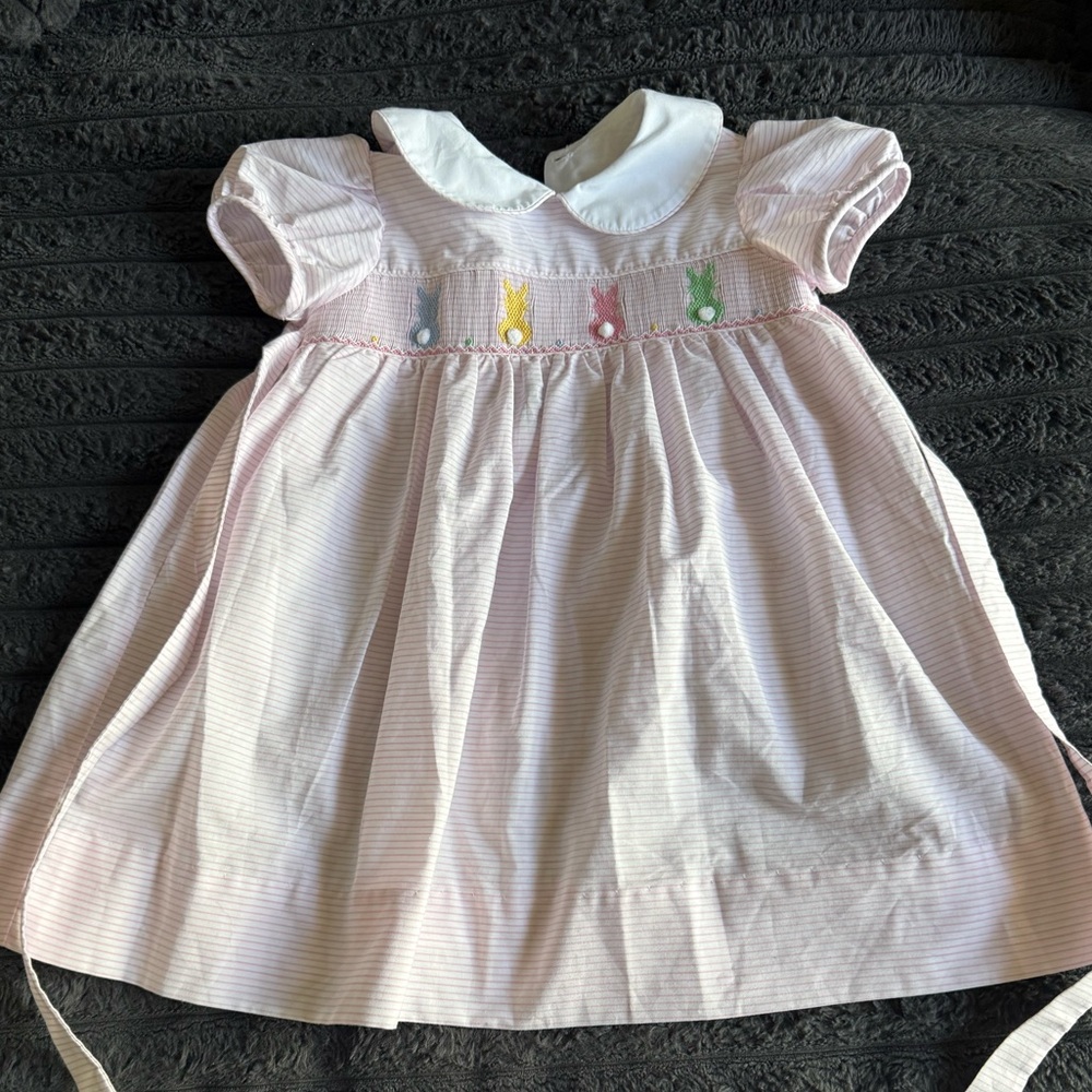 Pink Striped Smocked Bunny Dress with Peter Pan Collar - Kids